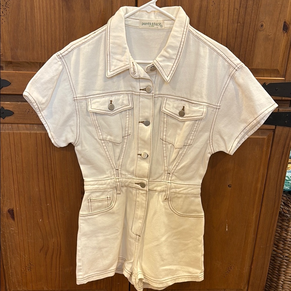 White Denim Short Sleeve Romper